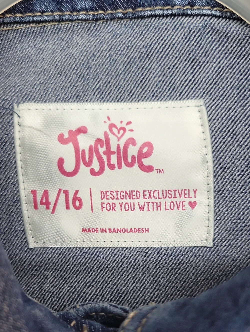 Jean Jacket Justice Size Youth 14-16 Medium Wash.
